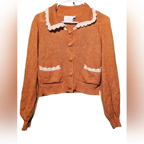 Lush Size Large EUC Orange Cardigan with White Accents PTP 22 Length 19 - Picture 3 of 6